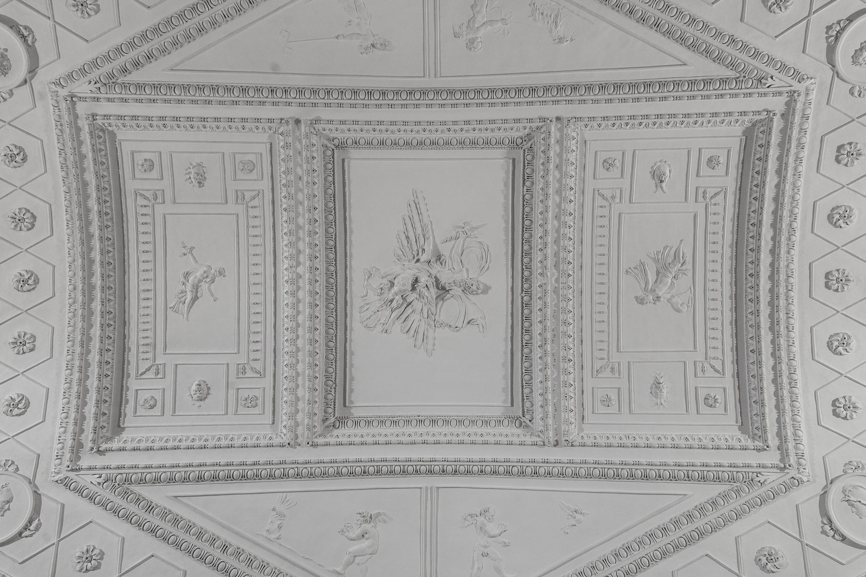 ornate white stucco ceiling with decorative panels and central relief sculpture