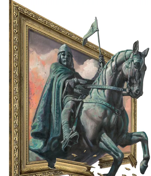 Een ridder te paard die uit een groot sierlijk frame met een geschilderde achtergrond tevoorschijn komt