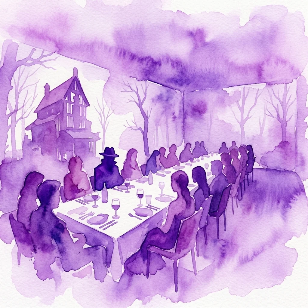 Een meeslepende misdaad-dinerervaring in een groots Engels landhuis, met gasten aan een lange tafel onder een paars getinte hemel, met een centrale detectivefiguur en een mysterieuze sfeer.