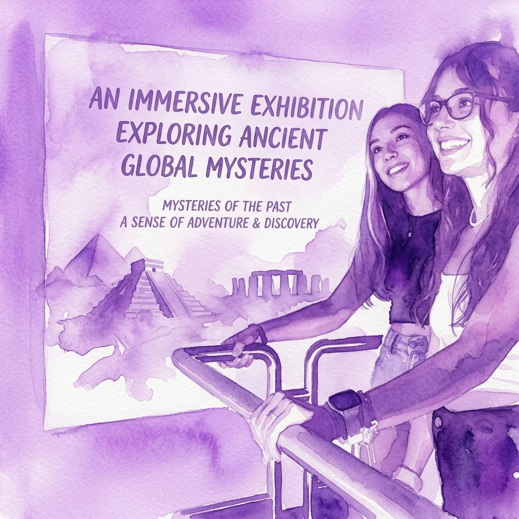 Twee vrouwen glimlachen en beleven een meeslepende tentoonstelling met projecties van oude locaties zoals piramides en Stonehenge, en verkennen wereldwijde mysteries.