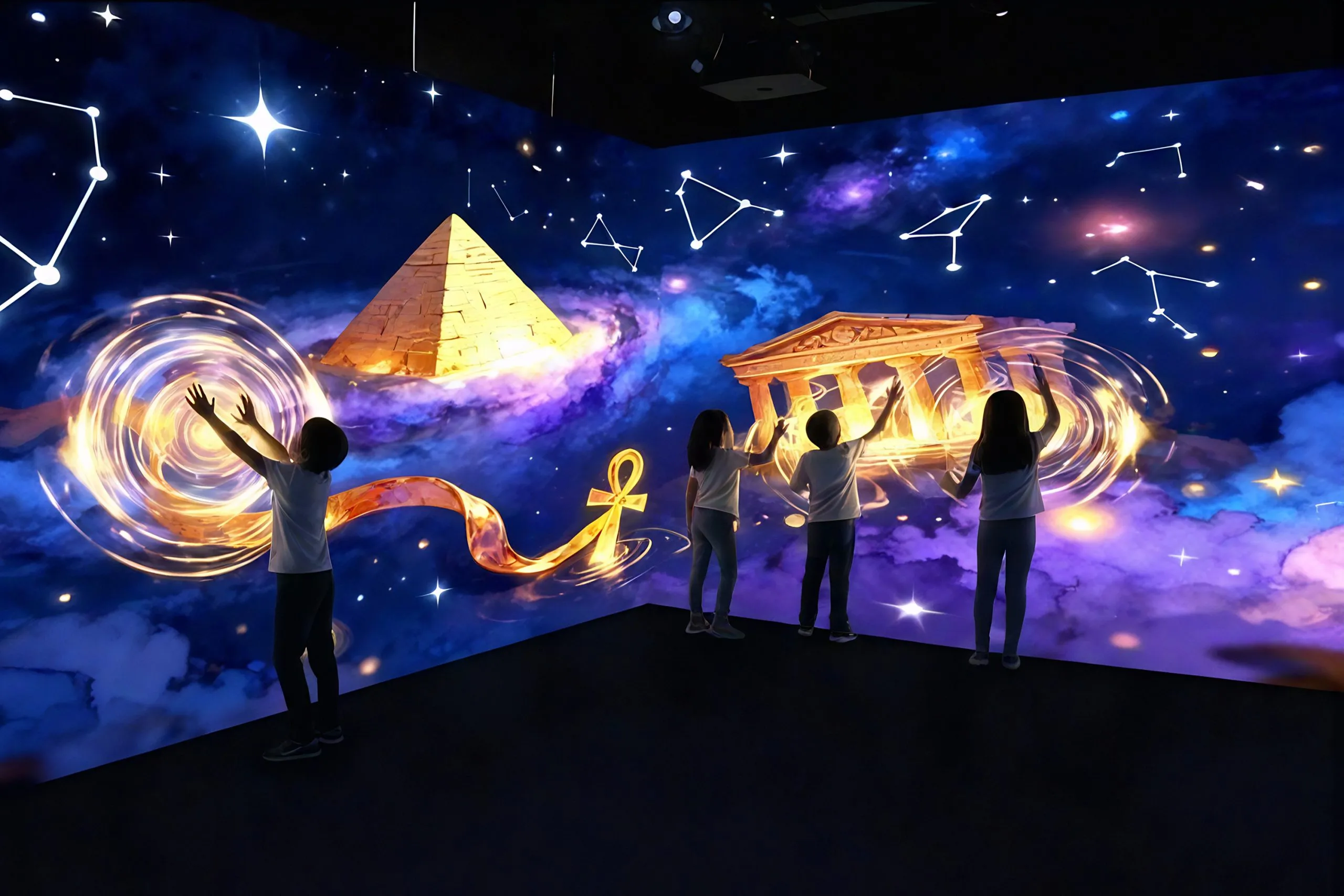 Kinderen die interageren met een levendige vloer-tot-plafondprojectie over het oude Egypte in een belevingsruimte van Immersium Vienna.