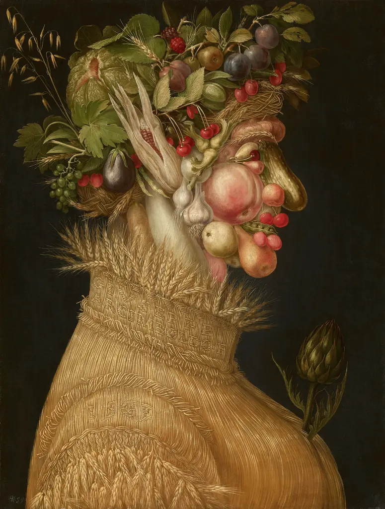 una pintura de una figura con una cabeza hecha de frutas y verduras sobre un fondo oscuro