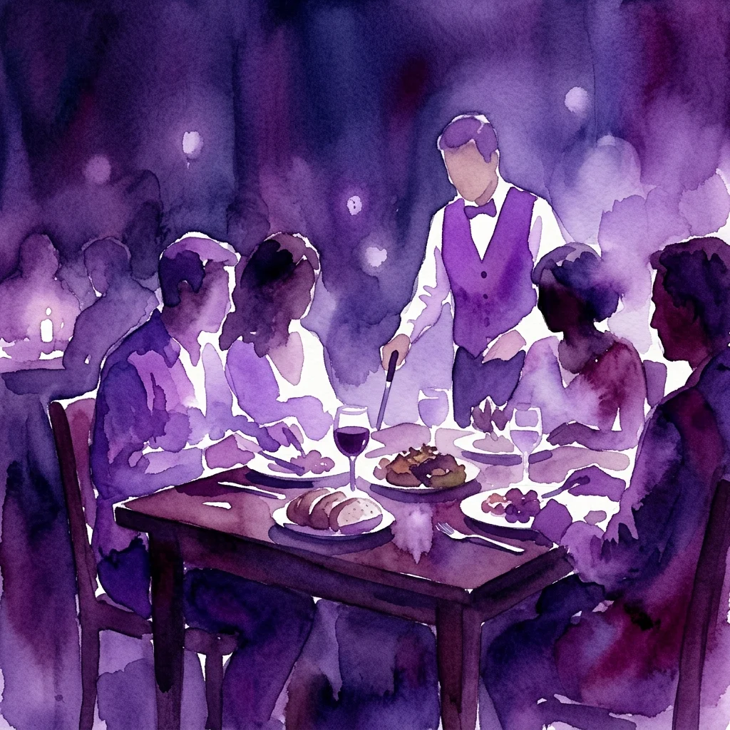 Una ilustración en acuarela de una mesa de comedor tenuemente iluminada donde los comensales cenan en completa oscuridad, guiados por un camarero con chaleco morado, capturando la experiencia sensorial del evento Invisible Dinner.