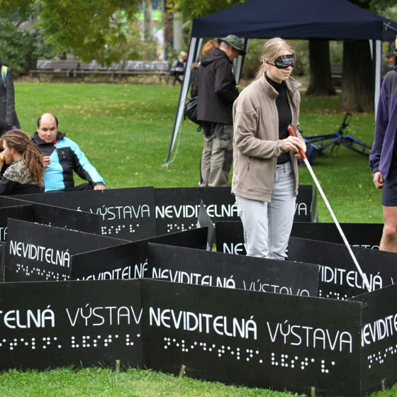 Mensen met blinddoeken die een doolhof van zwarte barrières doorkruisen met braille en tekst met de tekst 'NEVIDITELNÁ VÝSTAVA' in een park.