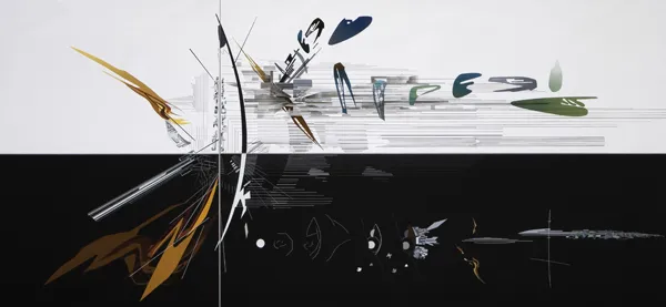 Obra de arte abstracta con elementos dorados, negros y verdes sobre un fondo blanco y negro