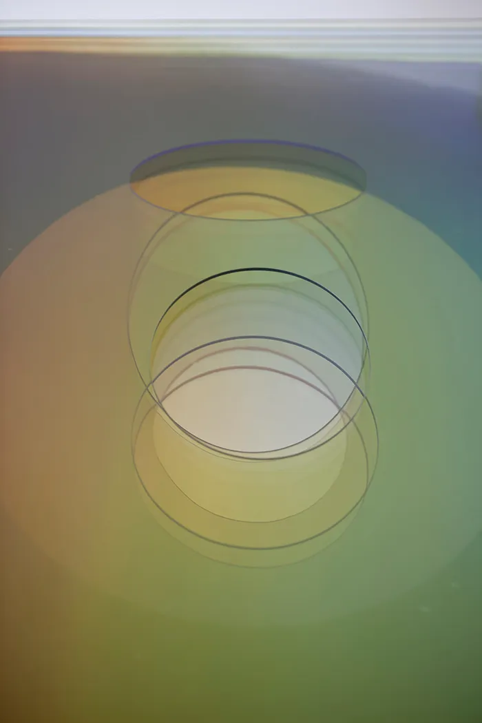 obra de arte abstracta con círculos concéntricos y capas translúcidas superpuestas en amarillo, verde y azul