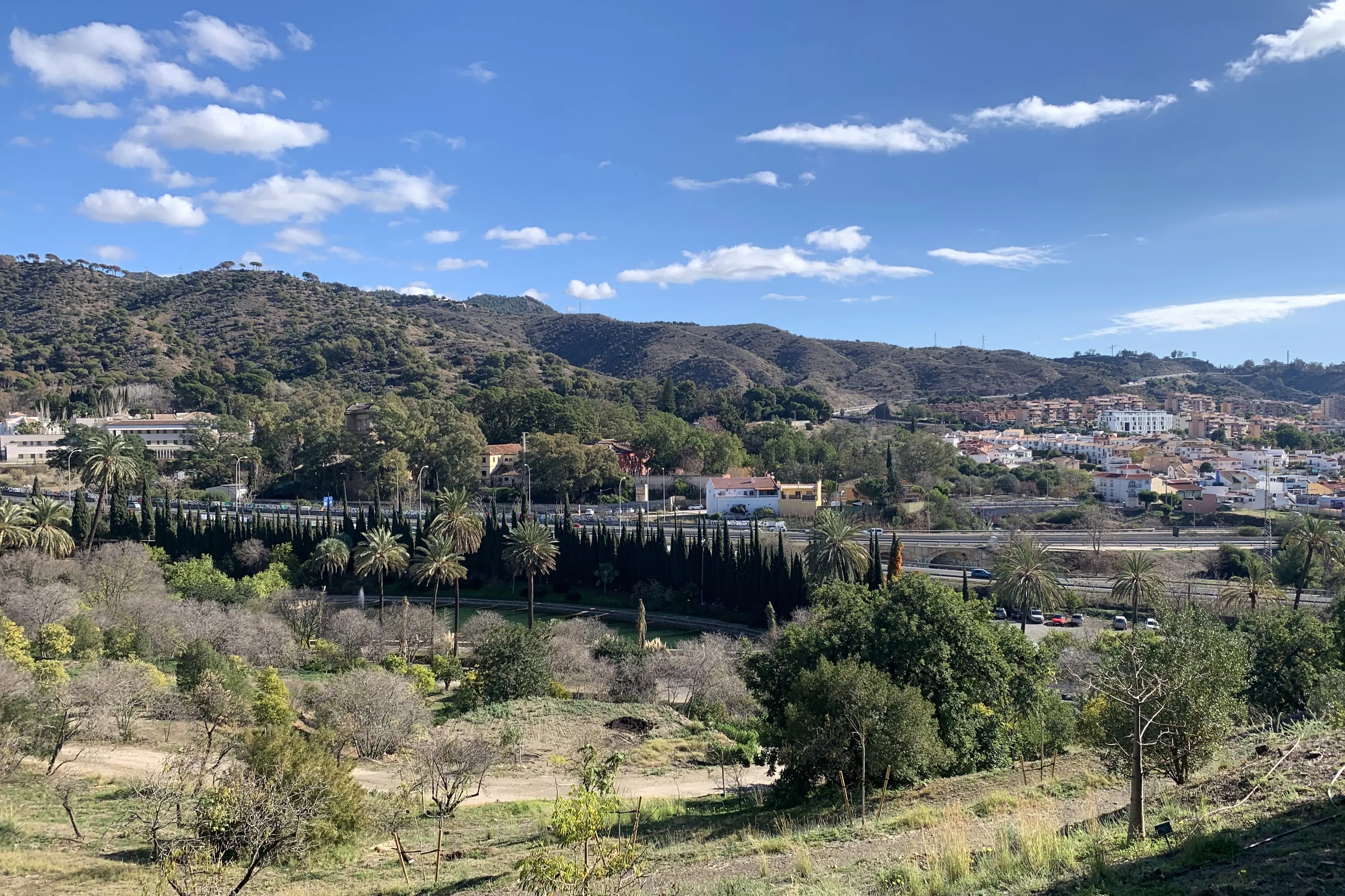 Vista panorámica de un jardín botánico con árboles, colinas y un pueblo al fondo bajo un cielo azul con nubes dispersas.