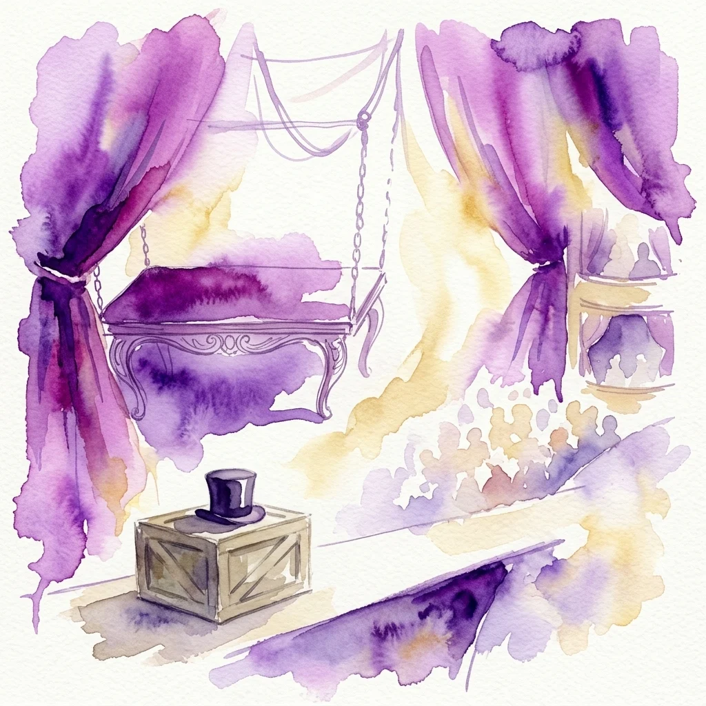 Akwarelowa ilustracja przedstawiająca scenę magiczną w stylu vintage z fioletowymi zasłonami, lewitującym stolikiem i cylindrem na drewnianej skrzyni.