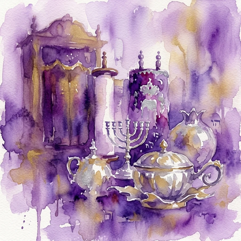 A watercolor illustration of Jewish ritual objects, including a Torah ark, menorah, and silver artifacts, representing the Mała Synagoga na Tłomackiem exhibition.