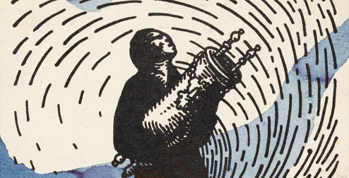 Black and white illustration of a figure holding a decorative object with radiating lines in the background