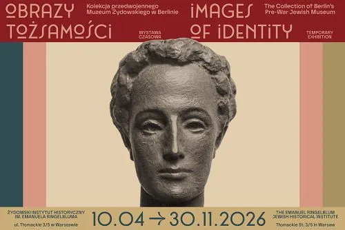 Promotional poster for the 'Images of Identity' exhibition at the Jewish Historical Institute, showing a sculpture of a head against a striped background with text in Polish and English.