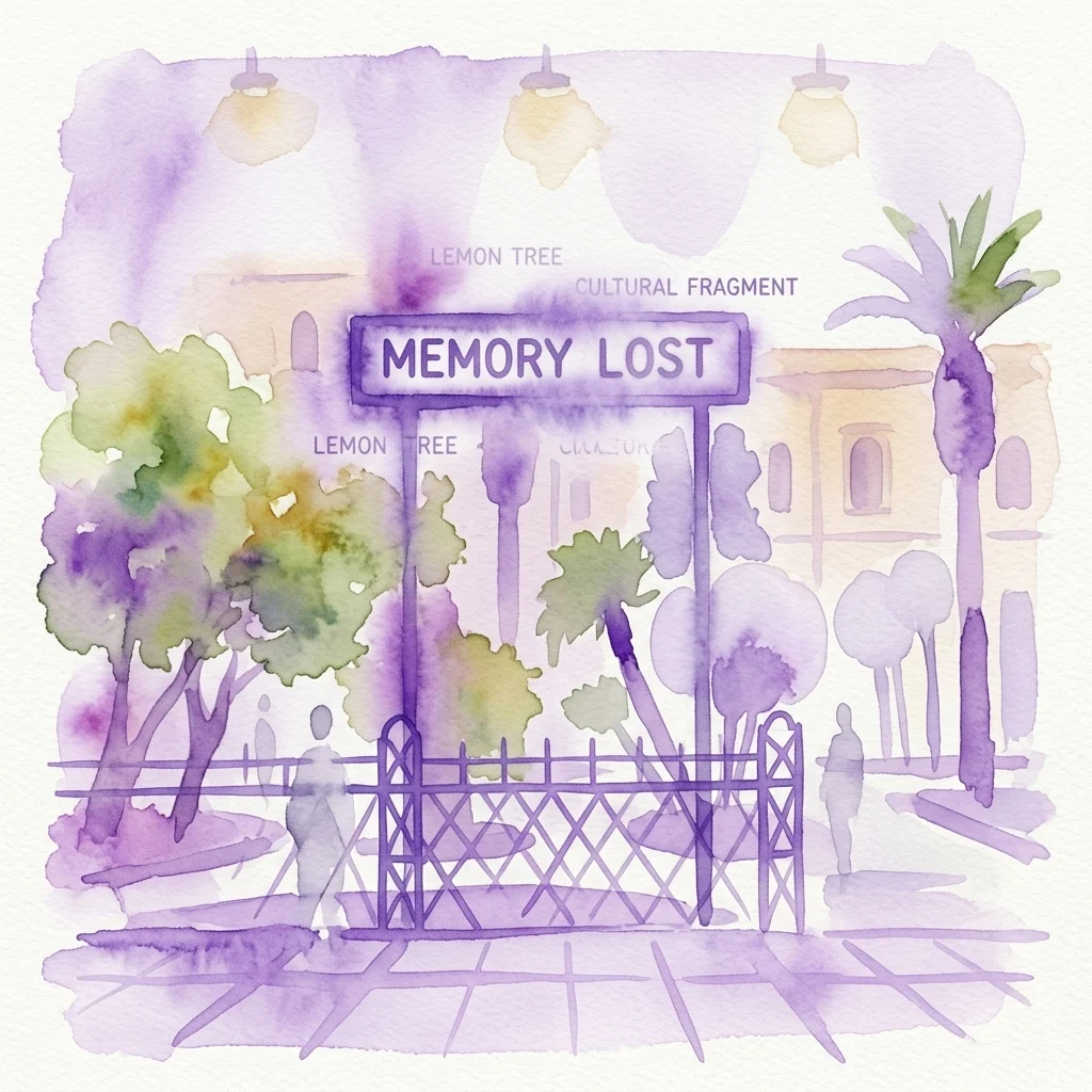 Waterverfillustratie van een straatscène met een bord met de tekst 'MEMORY LOST', omringd door citroenbomen en palmbomen onder zacht paars licht, die thema's van cultureel geheugen en vergetelheid oproept.