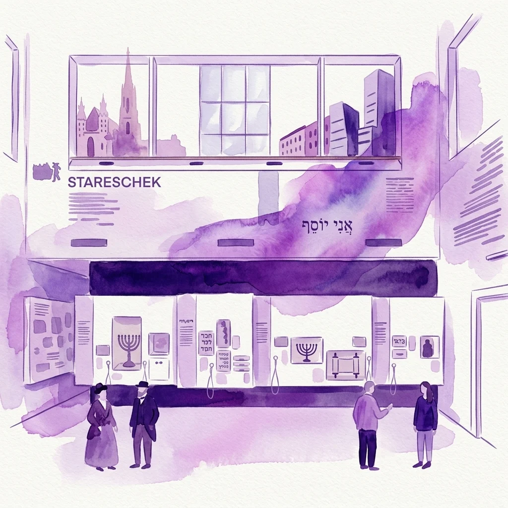 Illustratie van een tentoonstellingsruimte met Joodse artefacten zoals menora's en Thora-rollen, bezoekers die verkennen, en een uitzicht op de stad daarboven, die de tentoonstelling 'Our City! Jewish Vienna - Then to Now' voorstellen.