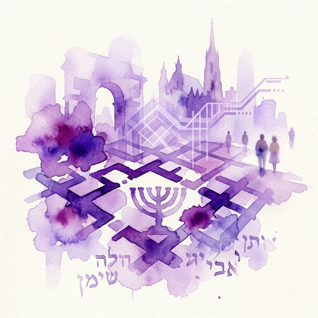 Een paarse aquarelillustratie die de middeleeuwse Joodse wijk in Wenen afbeeldt, met de ruïnes van een synagoge, een menora en Hebreeuwse tekst, die de eerste Joodse gemeenschap in Wenen symboliseert.