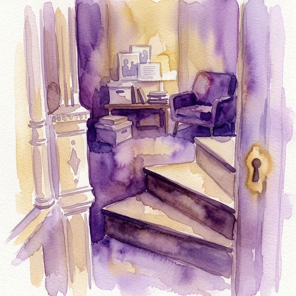 Waterverfillustratie van een verborgen kamer in paarse en gele tinten, met een kleine trap, fauteuil en planken met ingelijste foto's en boeken, die een gevoel van toevlucht en herinnering oproept.