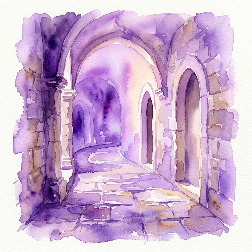 Ilustración en acuarela de un pasillo de piedra medieval con puertas arqueadas y suelo de piedra, representada en tonos morados, violetas y bronceados cálidos.