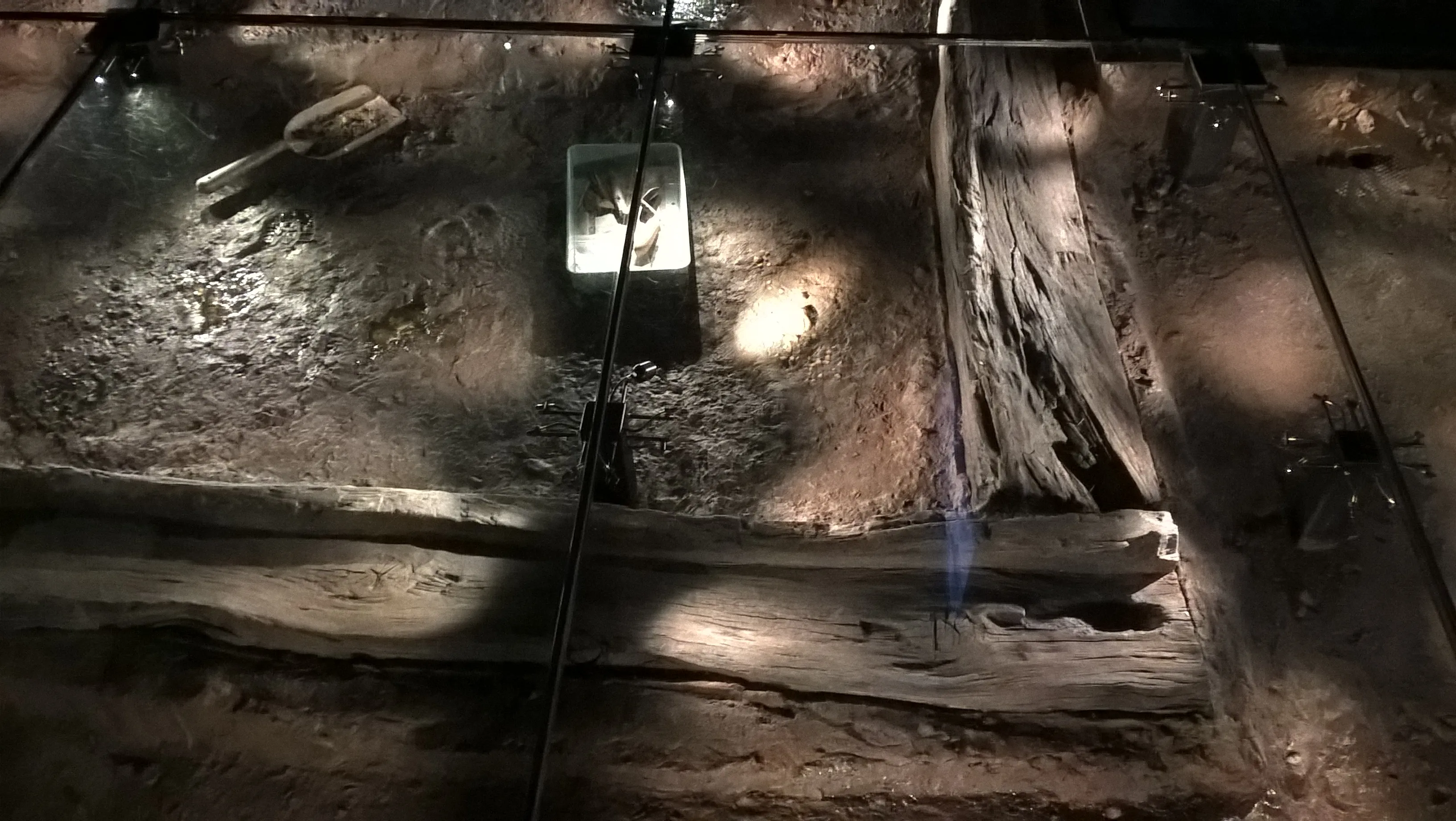 Znaleziska archeologiczne z zachowanymi drewnianymi belkami i glebą widocznymi pod szklanym panelem w podłodze, oświetlone punktowym światłem z niewielką tabliczką informacyjną