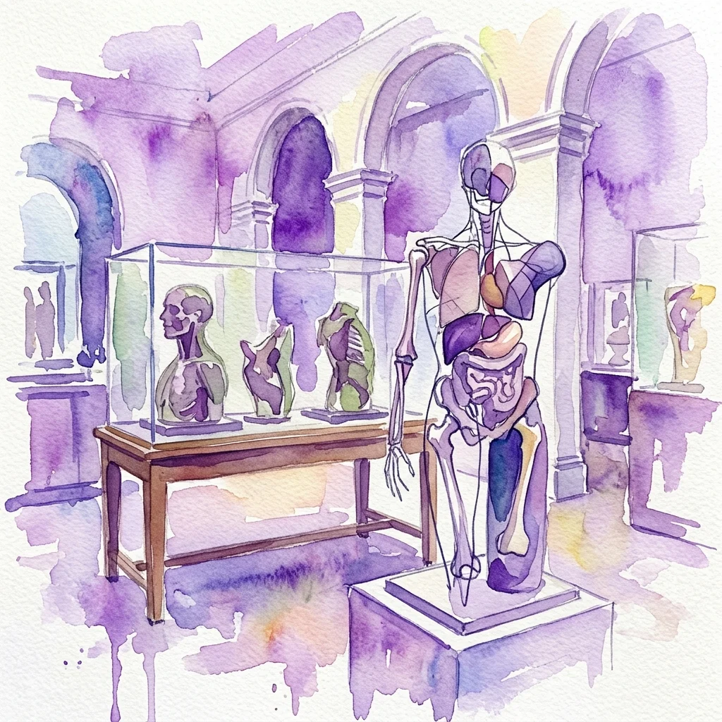 Waterverfillustratie van een museumgalerij met hedendaagse anatomische sculpturen van Alexandre Diop naast historische anatomische wasmodellen, die een dialoog tussen kunst uit het verleden en het heden belicht.