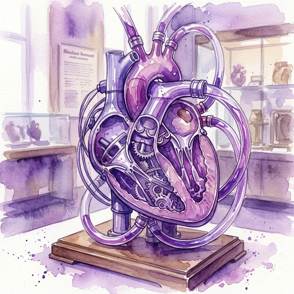 Watercolor illustration of a historical artificial heart pump on display in a museum, showcasing mechanical components and tubing, representing pioneering medical research in Vienna.