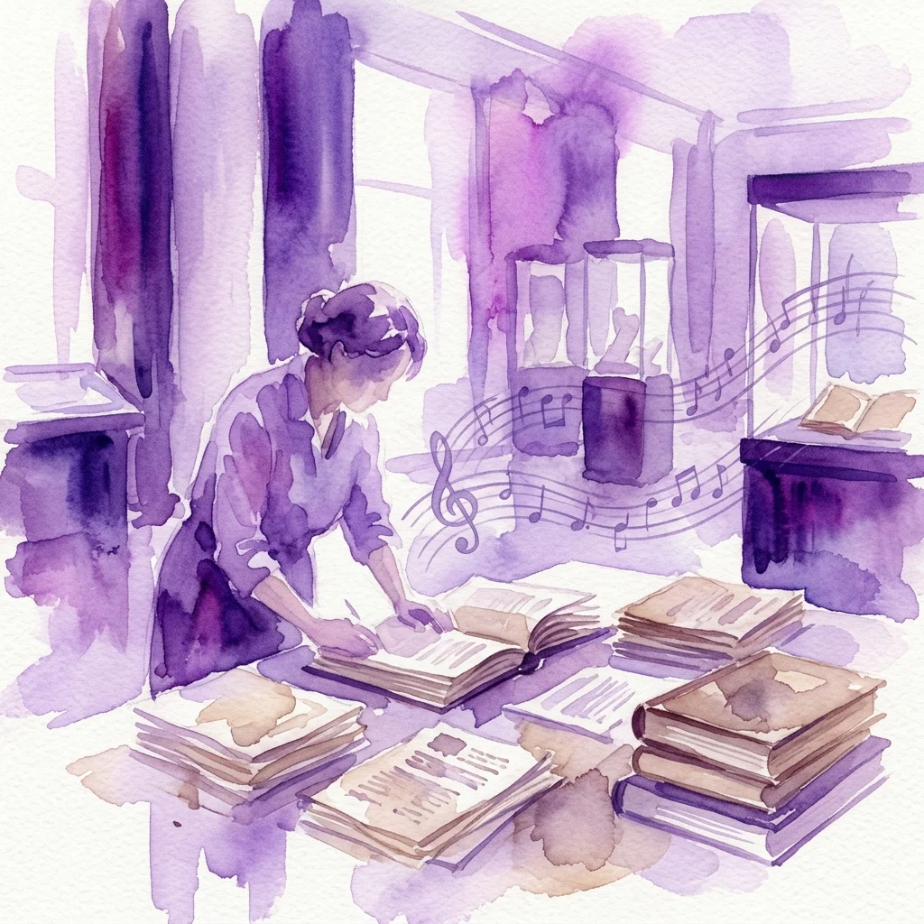 A watercolor illustration of a person researching historical medical documents in a museum gallery, with musical notes suggesting Beethoven's era, related to the exhibition 'The Seligmann Fragments and Beethoven's Doctors: A Search for Traces'.