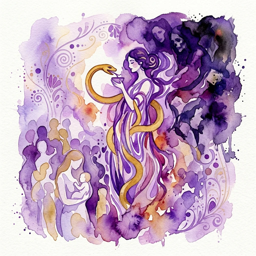 A watercolor-style artwork depicting a female figure in purple and gold, holding a chalice with a snake, surrounded by symbolic imagery of life, birth, and death, inspired by Gustav Klimt's 'Medicine' painting.