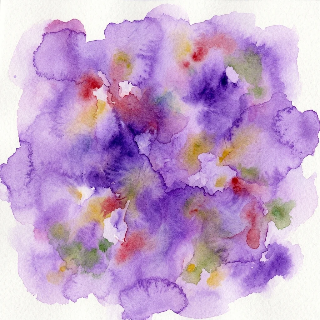 Abstract aquarelwerk van Monika Kus-Picco, met levendige paarse, rode, gele en groene tinten, gemaakt van verlopen farmaceutische materialen om kleurentheorie en biochemische processen te onderzoeken.