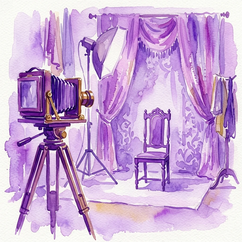 Waterverfillustratie van een vintage fotografiestudio met een grootbeeldcamera op een statief, een houten stoel, paarse gordijnachtergrond en studiogastruikingsapparatuur.