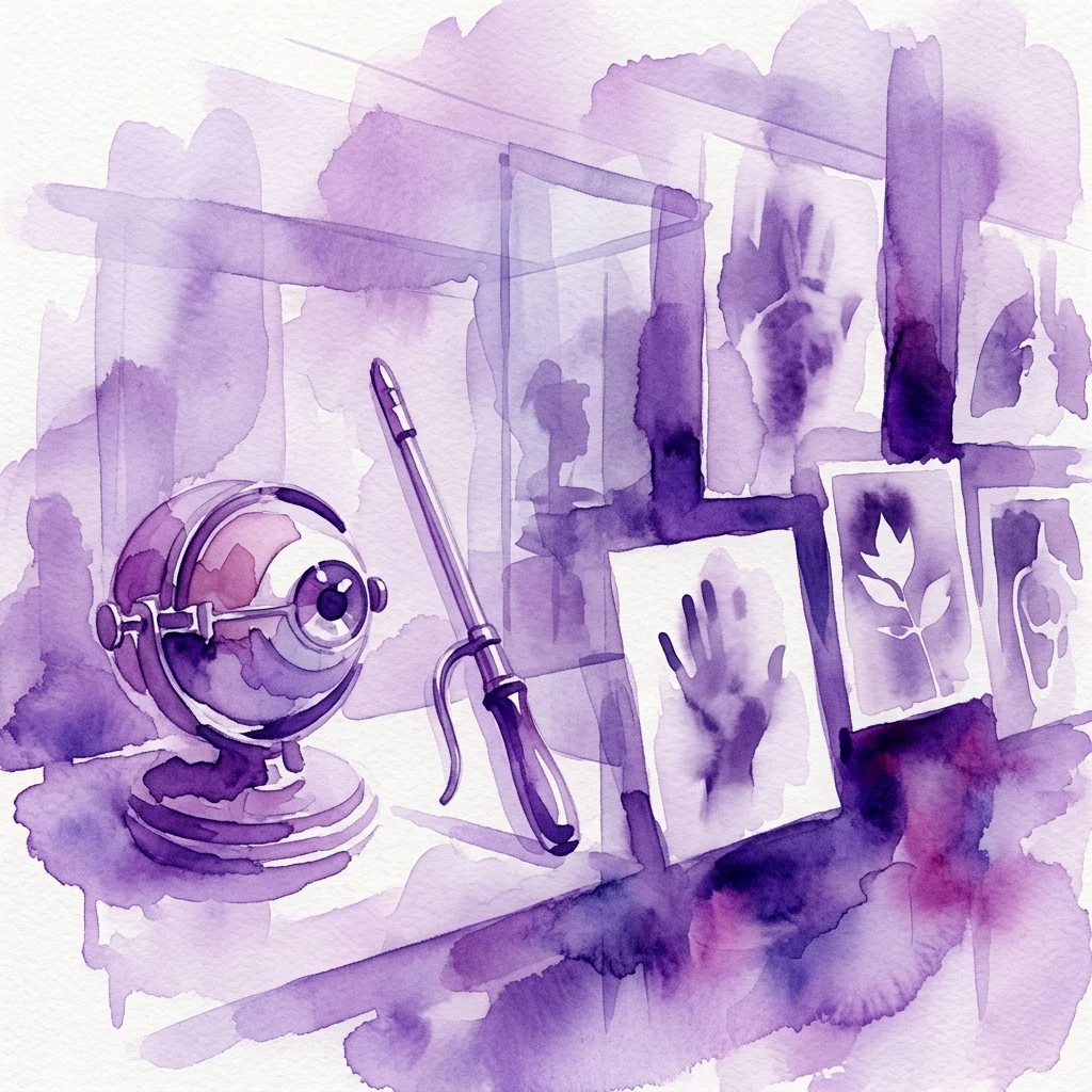 A watercolor illustration of an ophthalmophantom and bullet-finder medical instruments displayed with photograms in a museum exhibit.
