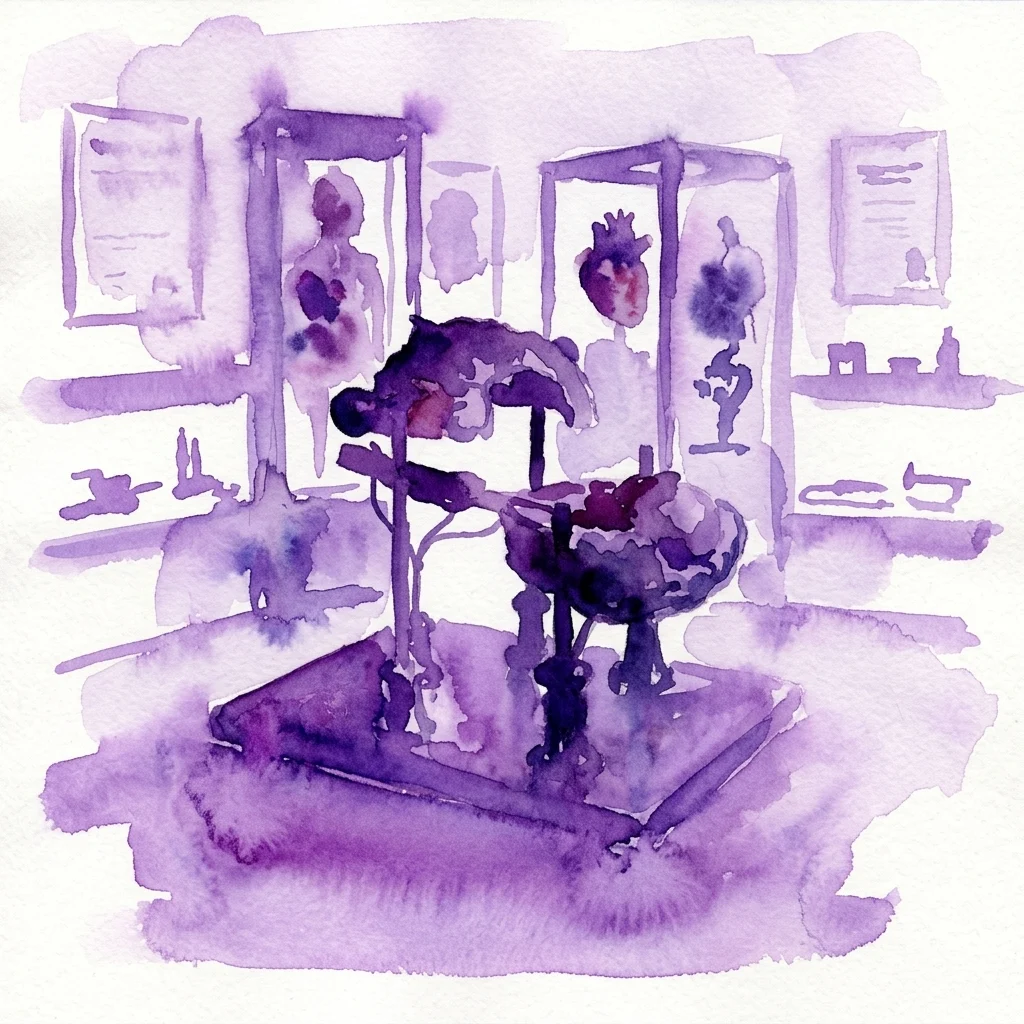 Watercolor illustration of a museum exhibit featuring anatomical wax models in glass cases, medical instruments, and historical documents, representing the Josephinum's permanent exhibition on medical history.