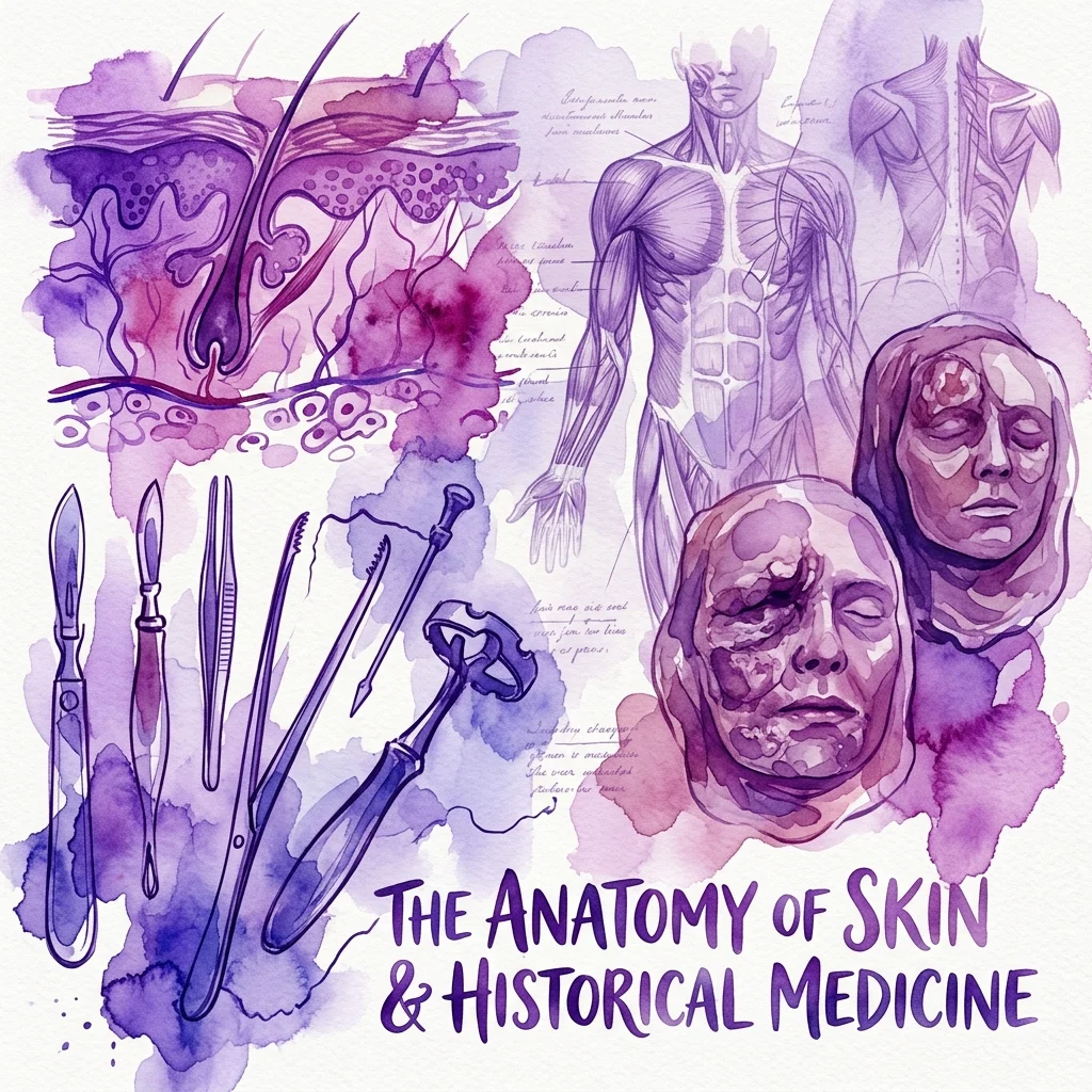 Een aquarelillustratie die de anatomie van de huid en historische geneeskunde weergeeft, met medische instrumenten, anatomische diagrammen en waxmoulages van huidaandoeningen, gerelateerd aan Ferdinand Hebra's atlas van huidziekten.