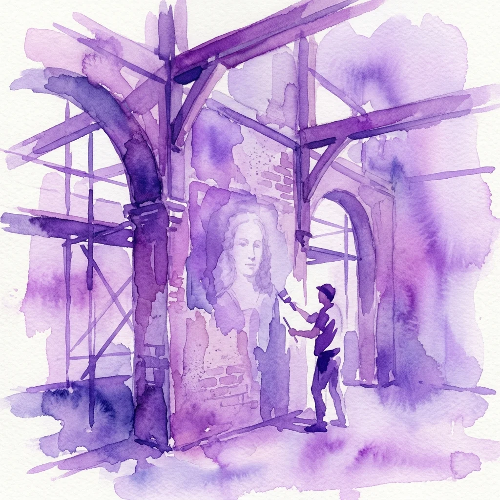 Watercolor illustration of a worker uncovering a historical portrait on a wall during the renovation of the Josephinum, a historic building established in 1785.