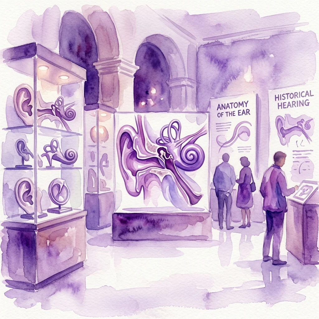 Watercolor illustration of a museum exhibition on the anatomy of the ear, featuring display cases with ear models, informational panels, and visitors observing the exhibits.