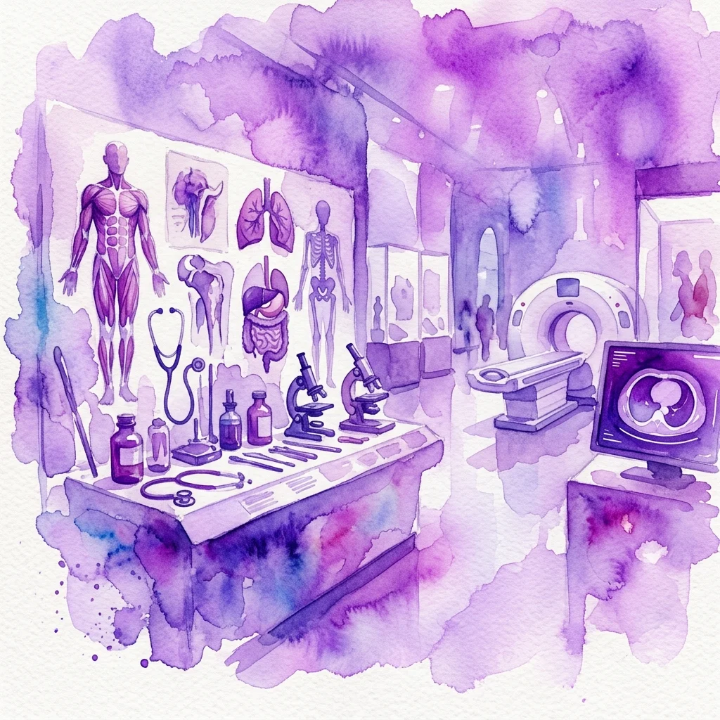 Waterverfillustratie van een museumtentoonstelling met anatomische modellen, medische instrumenten en moderne beeldvormingsapparatuur, die de tentoonstelling 'Under the Skin' in het Josephinum vertegenwoordigt.