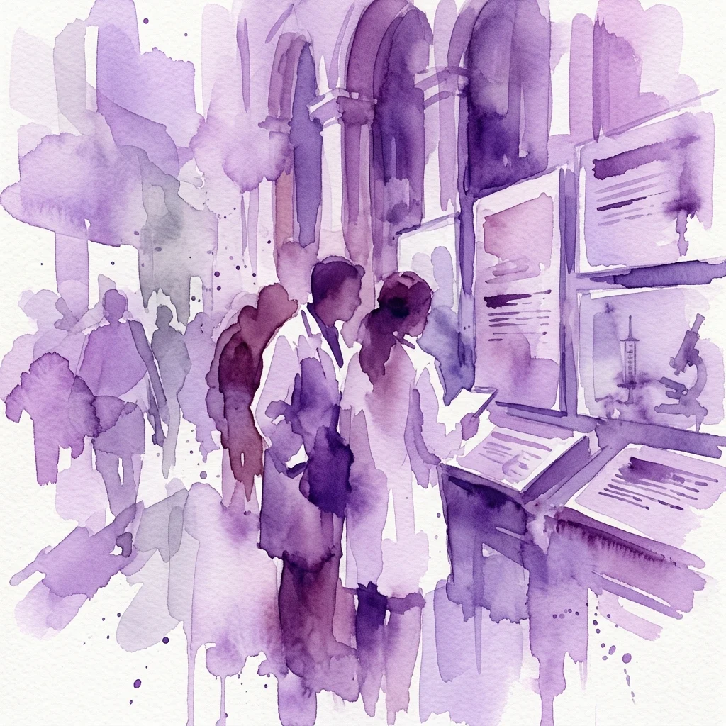 A purple watercolor illustration of visitors in lab coats examining historical medical exhibits, including documents, a microscope, and a syringe, in a museum setting.