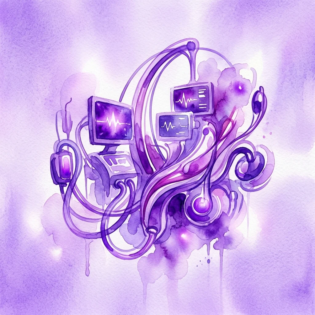 Artistieke aquarelillustratie van medische levensreddende machines, waaronder monitors met hartslagen, in een sculpturale paarse compositie, die thema's oproepen van menselijke vindingrijkheid en het verlengen van het leven.