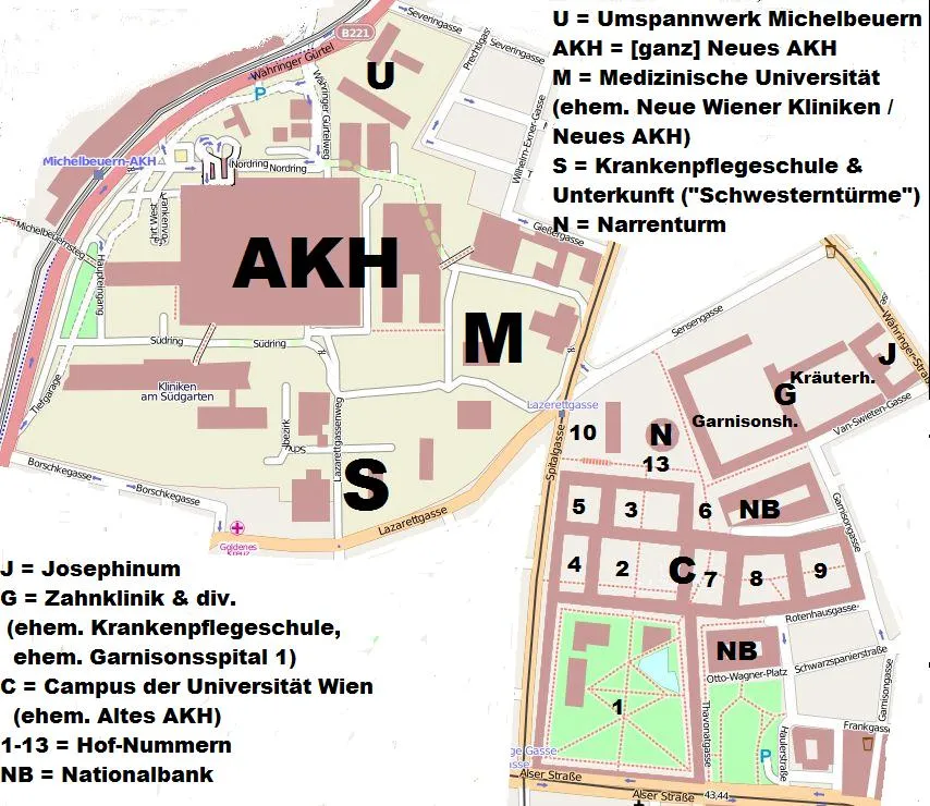 Mapa que muestra el Josephinum y los edificios circundantes en la Universidad Médica de Viena con secciones etiquetadas.