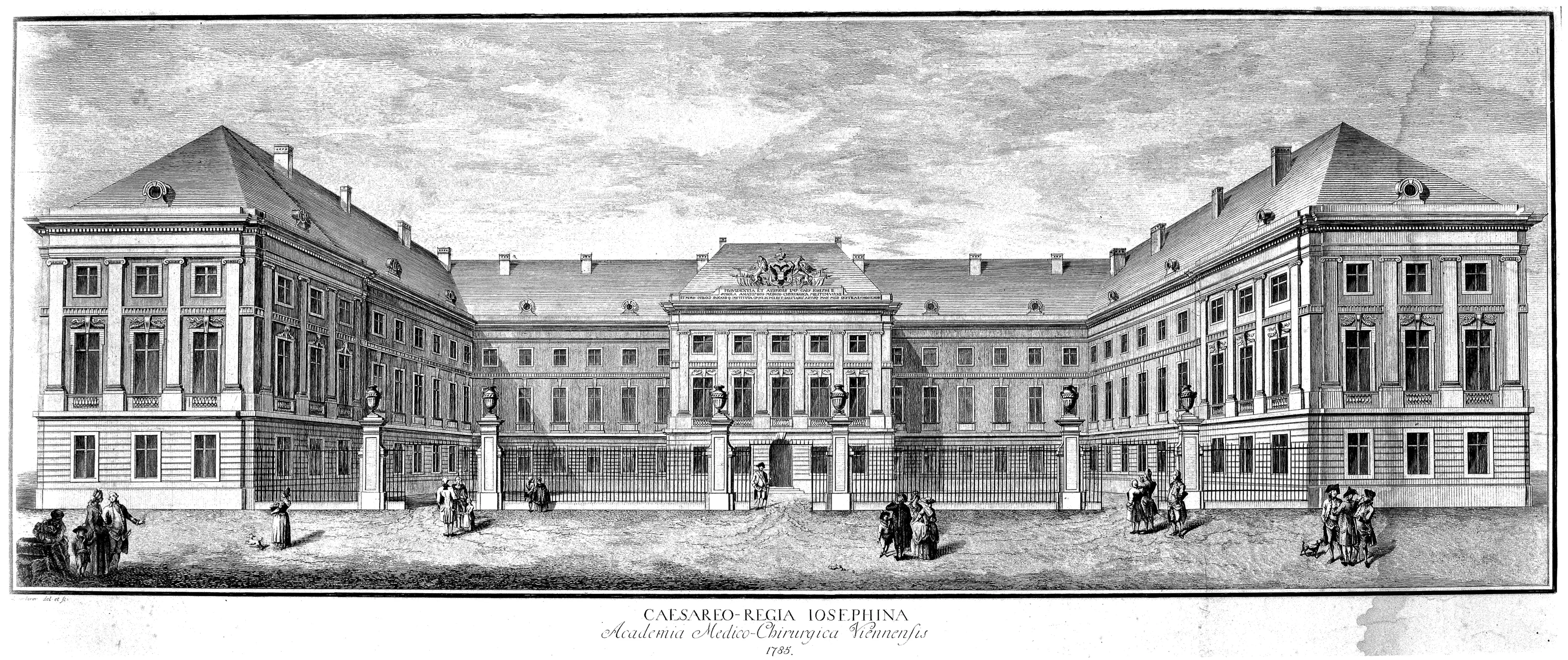 Engraving of the Josephinum building with classical architecture and people in the courtyard