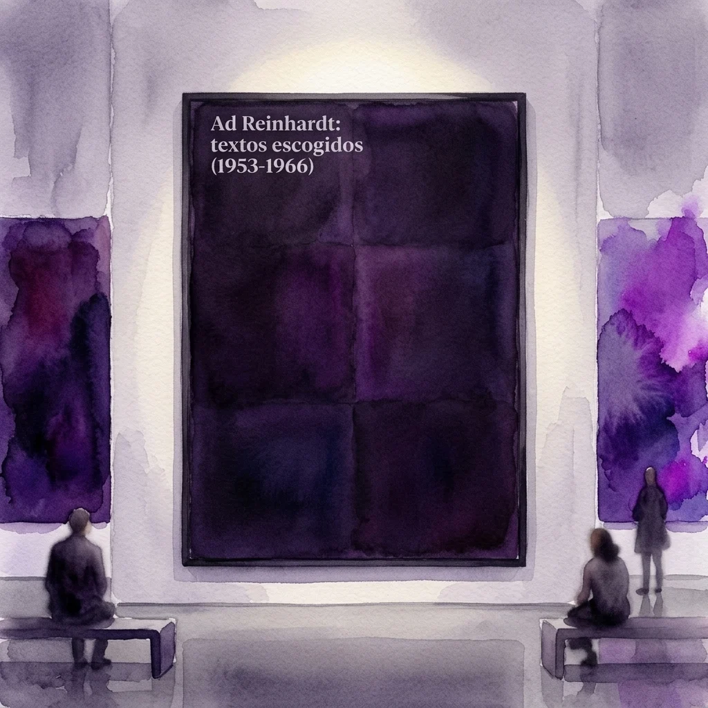 Ilustracja akwarelowa galerii sztuki przedstawiająca duży, ciemnofioletowy obraz abstrakcyjny autorstwa Ad Reinhardt, z odwiedzającymi obserwującymi dzieło sztuki przy minimalistycznym oświetleniu.