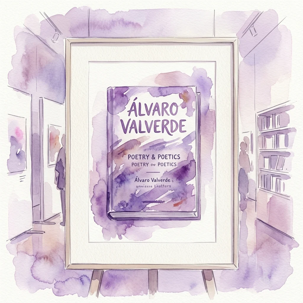 Framed book titled 'Álvaro Valverde: Poetry & Poetics' displayed in a gallery setting with purple watercolor accents, showcasing a publication from the 'Poética y Poesía' collection.