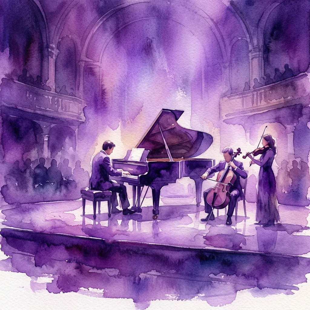 A watercolor illustration of a classical music concert featuring a pianist, cellist, and violinist performing on stage in a grand concert hall with purple lighting.