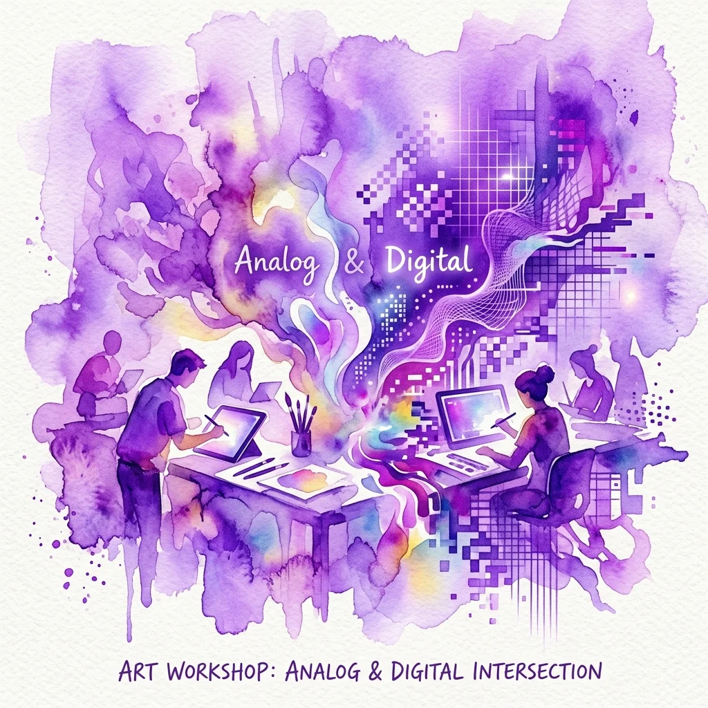 Ilustracja warsztatów artystycznych przedstawiająca artystów korzystających z tabletów cyfrowych i narzędzi analogowych, łącząca akwarelę i pikselowane elementy cyfrowe w odcieniach fioletu i niebieskiego, z tekstem 'Analog & Digital' i 'Art Workshop: Analog & Digital Intersection'.