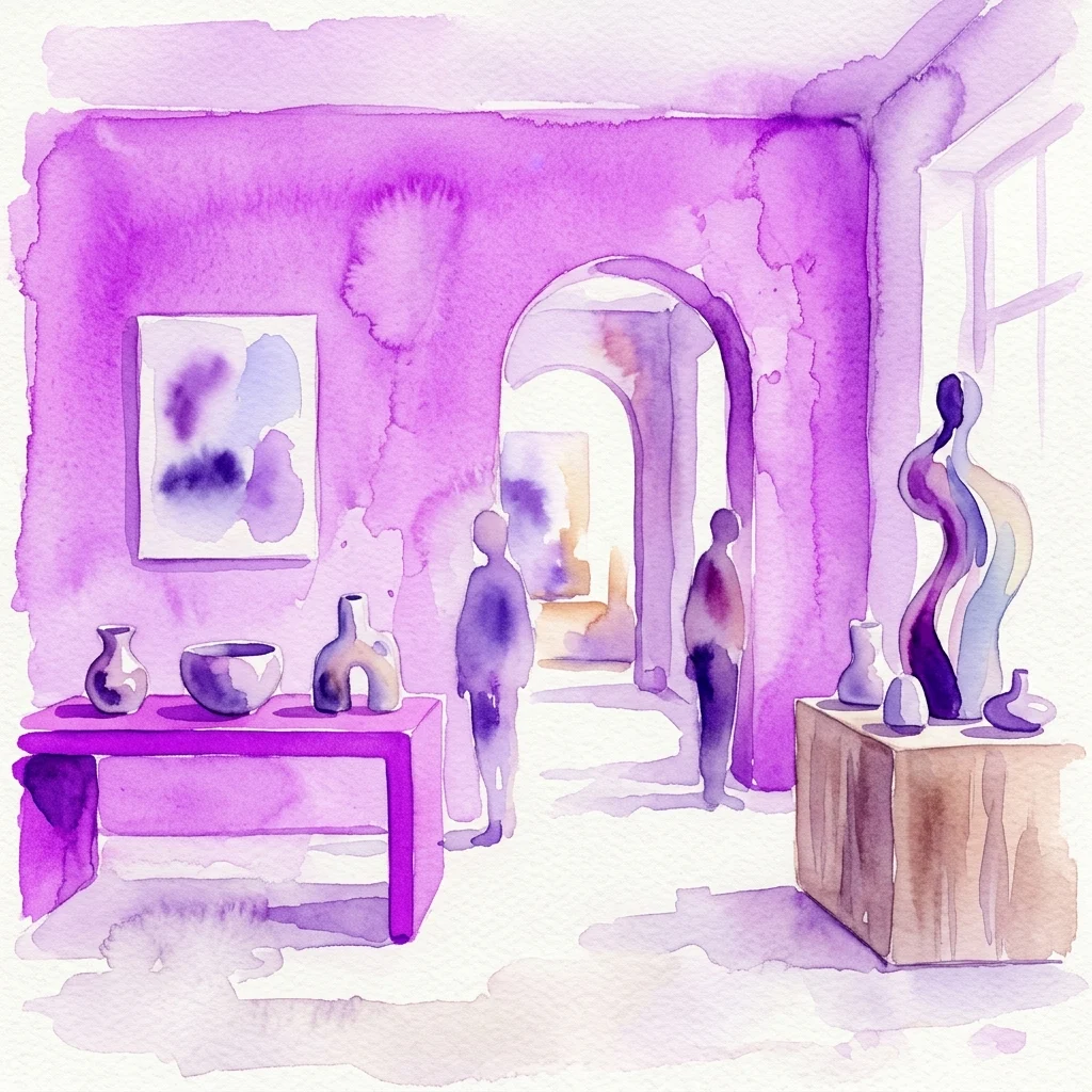 Ilustracja akwarelowa galerii sztuki z fioletowymi ścianami, abstrakcyjnymi rzeźbami i ceramicznymi dziełami, przywołująca domową skalę i artystyczne eksploracje.