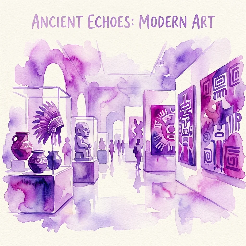 Ilustracja akwarelowa wystawy sztuki pod tytułem 'Ancient Echoes: Modern Art', prezentująca starożytne artefakty amerykańskie i współczesne dzieła sztuki w galerii muzealnej z fioletowymi odcieniami.