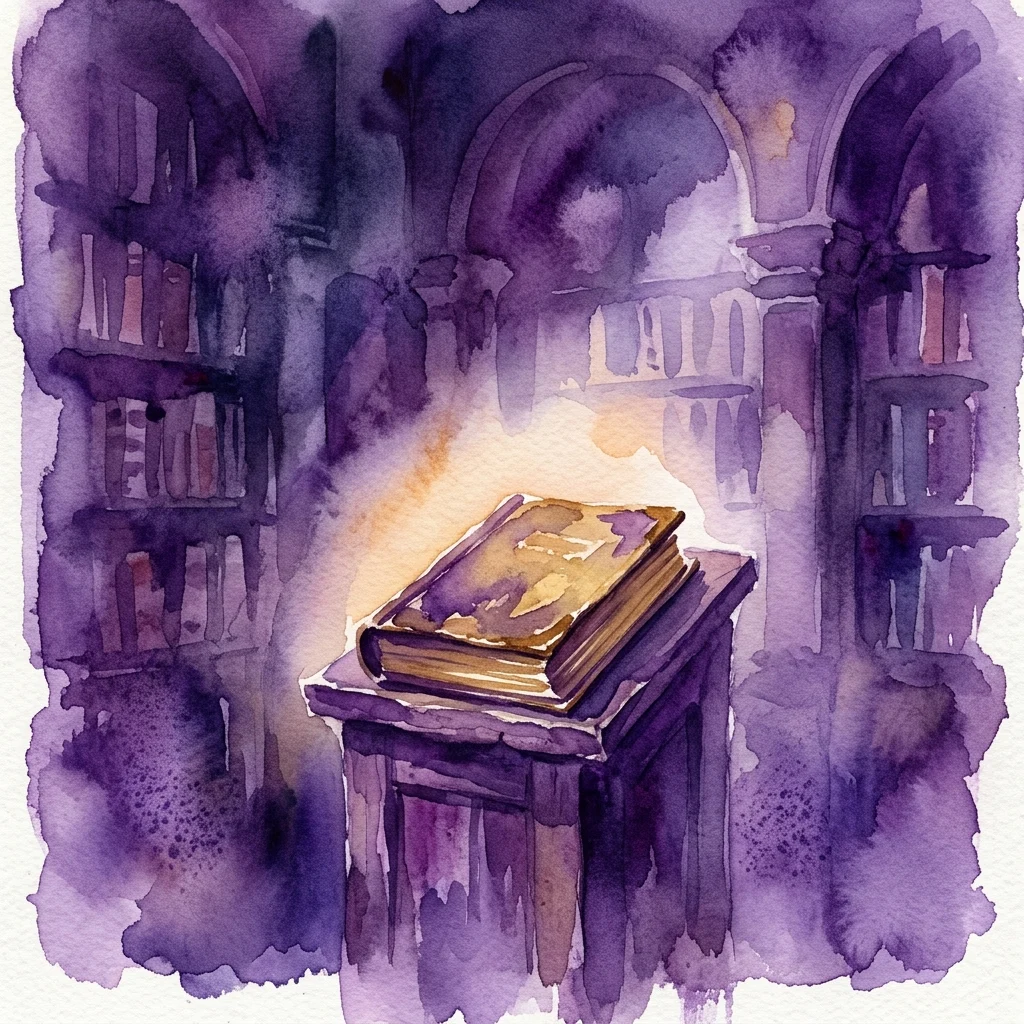 Ilustracja akwarelowa zabytkowej książki na postumencie w słabo oświetlonej bibliotece, oświetlonej pojedynczym reflektorem, budząca poczucie intelektualnej czci i historycznego dziedzictwa.