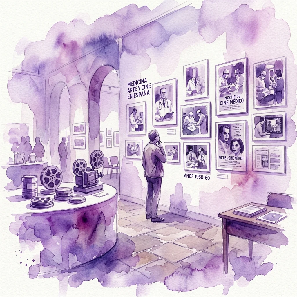 Un espacio de exposición ilustrado con rollos de película de archivo y fotografías del Archivo Portera, que muestran temas médicos y artísticos en el cine español de los años 50 y 60.
