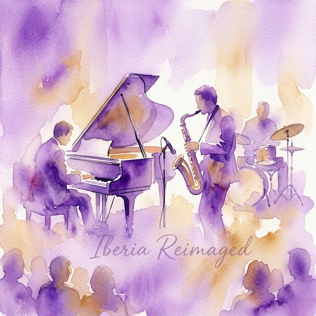 Waterverfillustratie van een jazztrio dat optreedt met een vleugelpiano, saxofoon en drums, getiteld 'Iberia Reimagined' in een paars en gouden kleurenpalet.