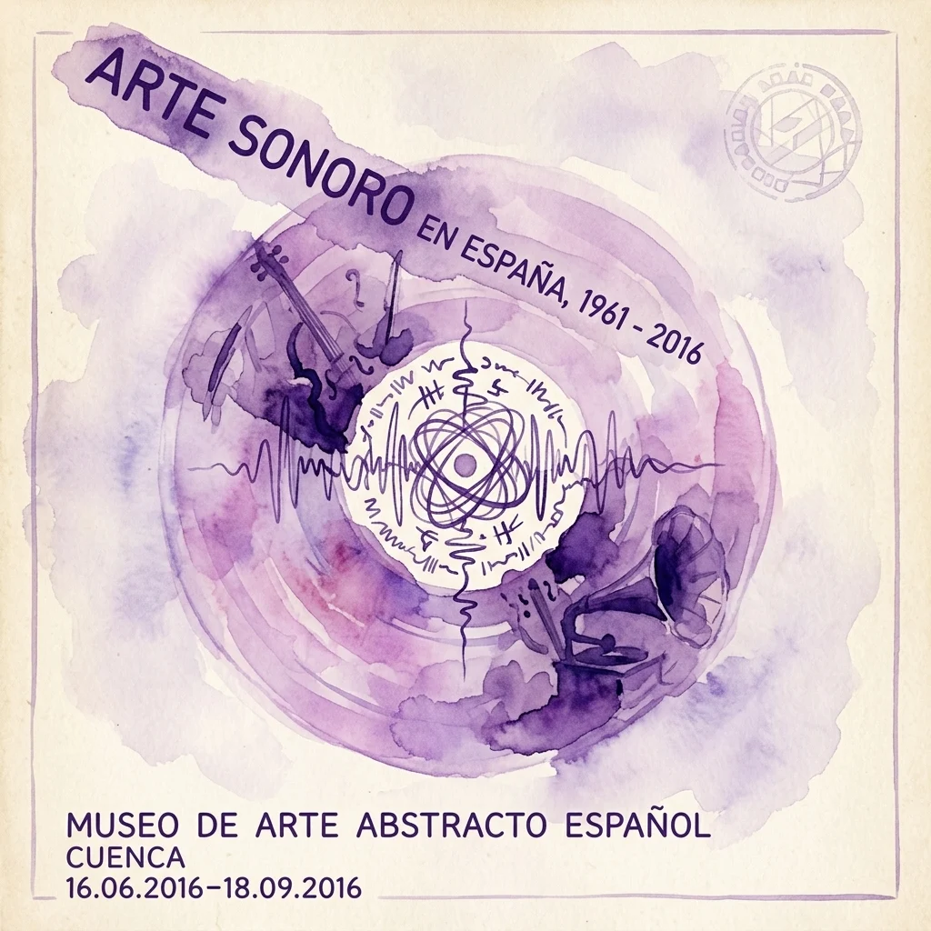 Fioletowa akwarela przedstawiająca fale dźwiękowe, instrumenty muzyczne i tekst „Arte Sonoro en España, 1961-2016” na wystawę w Museo de Arte Abstracto Español w Cuenca.