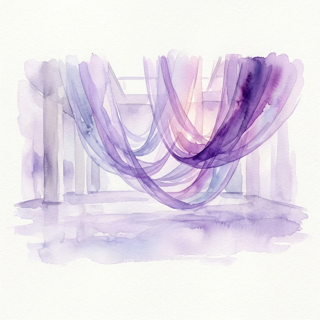 Ilustración en acuarela de una instalación abstracta con formas fluidas de tela morada y azul, que evocan una sensación de sacralidad y misterio en un espacio de galería.