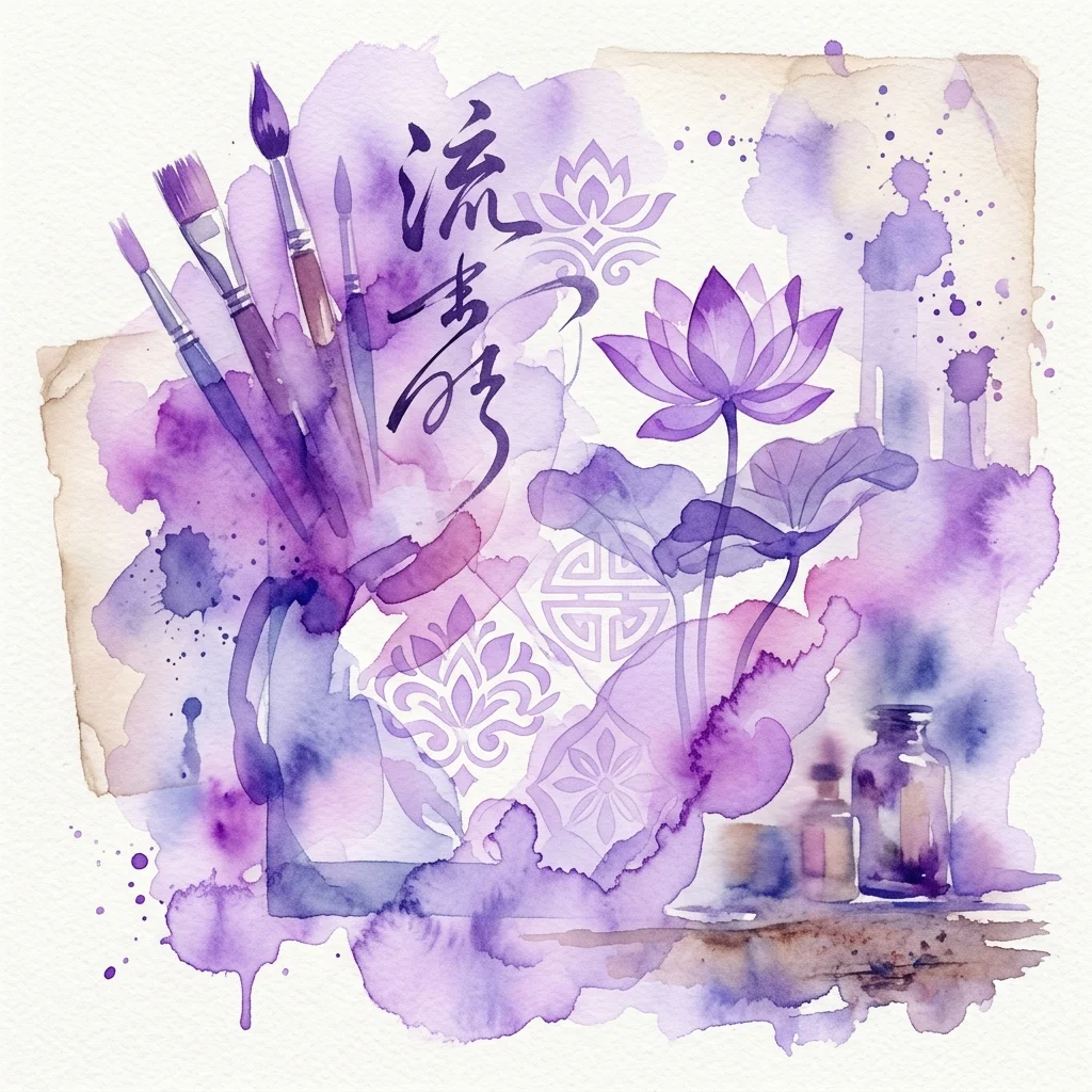 Watercolor illustration featuring paintbrushes, a lotus flower, Asian calligraphy, and traditional patterns in purple hues, evoking artistic dialogue between Western and Eastern influences.