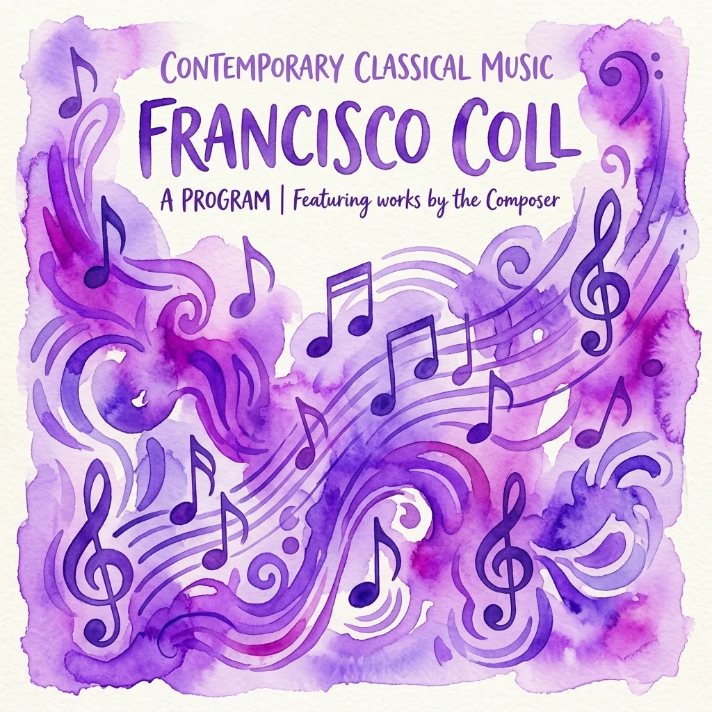 A watercolor illustration of a contemporary classical music program featuring Francisco Coll, with purple musical notes and abstract shapes on a textured background.